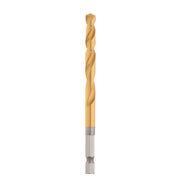 Gold titanium-coated twist drill bit with fluted shaft and hex shank against white background.