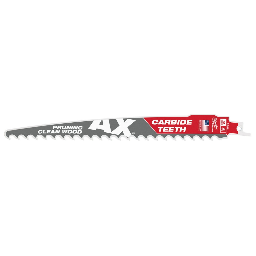Milwaukee 9" AX SAWZALL blade with carbide teeth and pruning/clean wood markings on gray and red body.