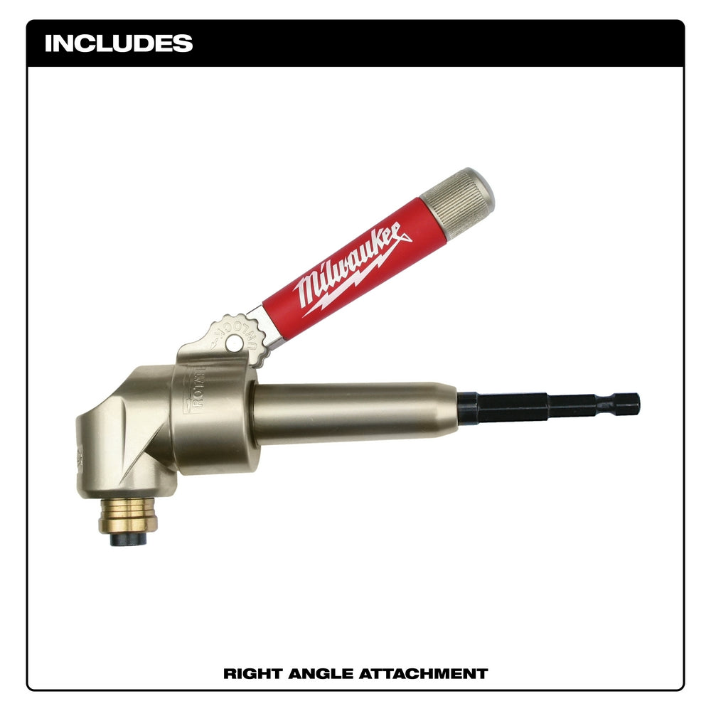 Milwaukee right angle drill attachment with red handle and metal head featuring 90-degree angled chuck.