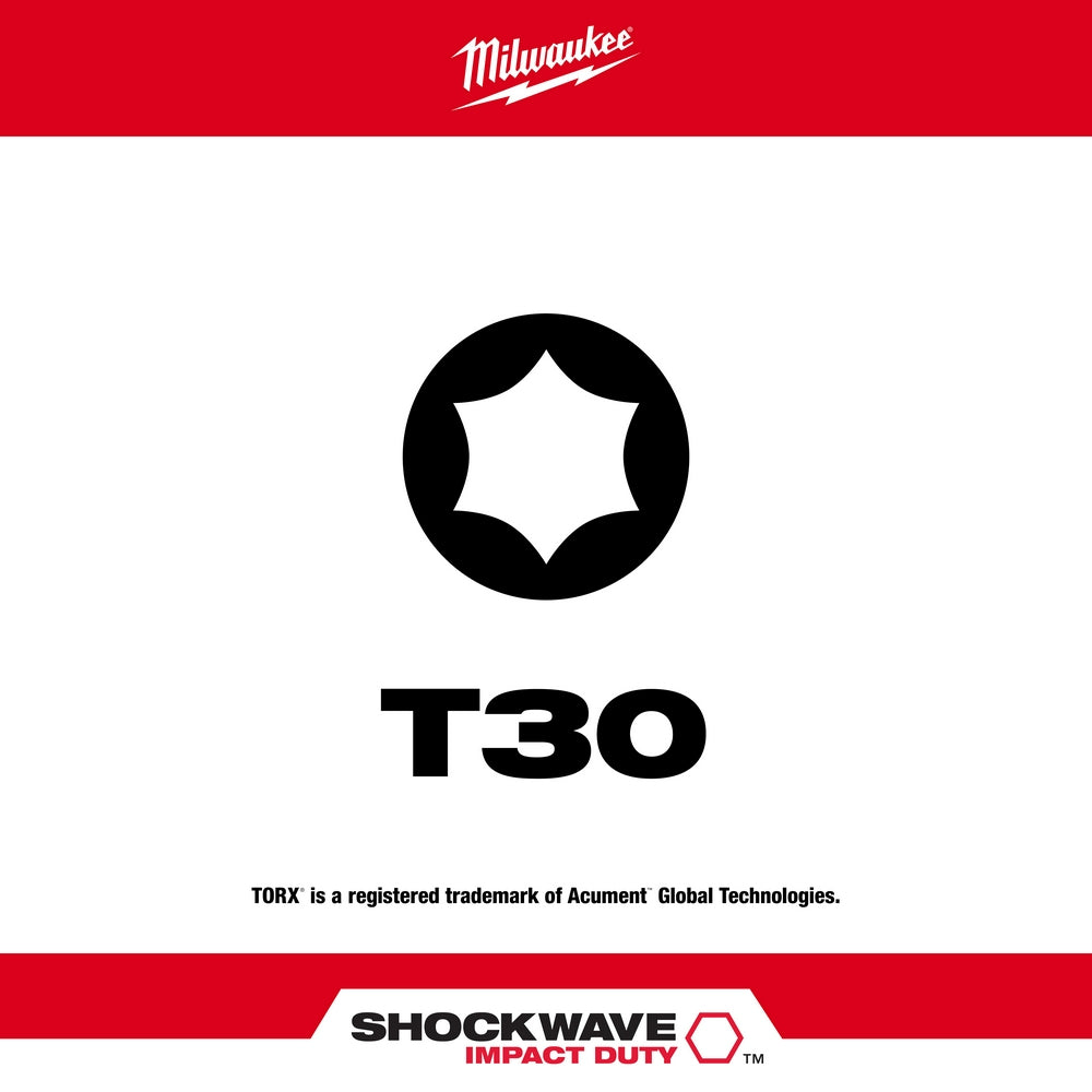 Torx T30 star-shaped bit head displayed with Milwaukee and Shockwave Impact Duty branding.