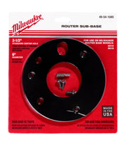 Black plastic router sub-base with 6 inch diameter and 2.5 inch center hole, includes mounting hardware.