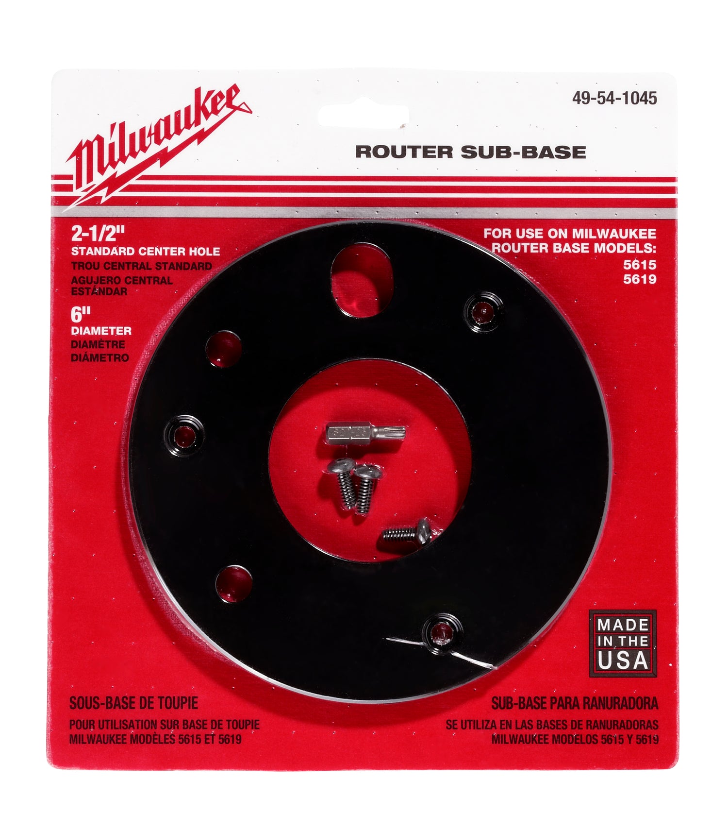 Black plastic router sub-base with 6 inch diameter and 2.5 inch center hole, includes mounting hardware.