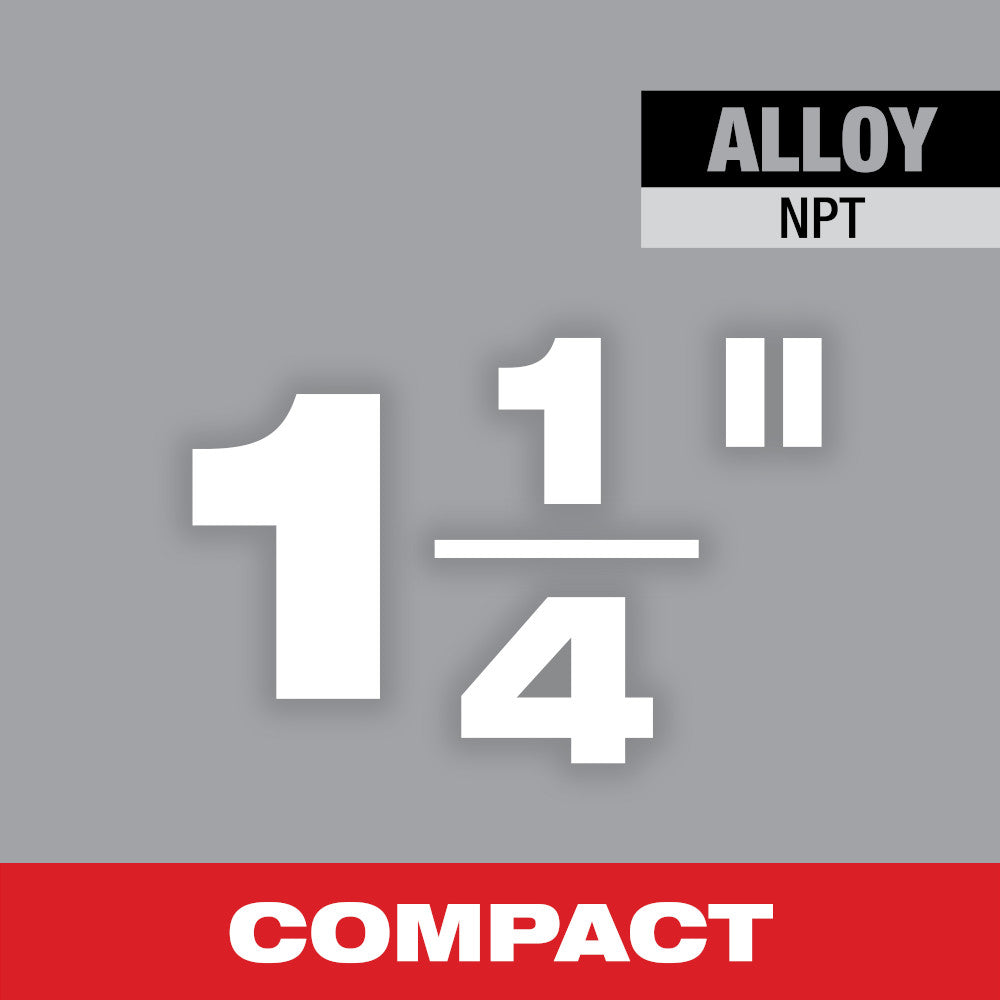 White numbers "1 1/4" with "ALLOY NPT" label and "COMPACT" text on red banner against gray background.