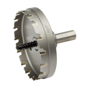 Silver carbide hole cutter with toothed cutting edge, cylindrical shaft, and black spring-loaded center bit.