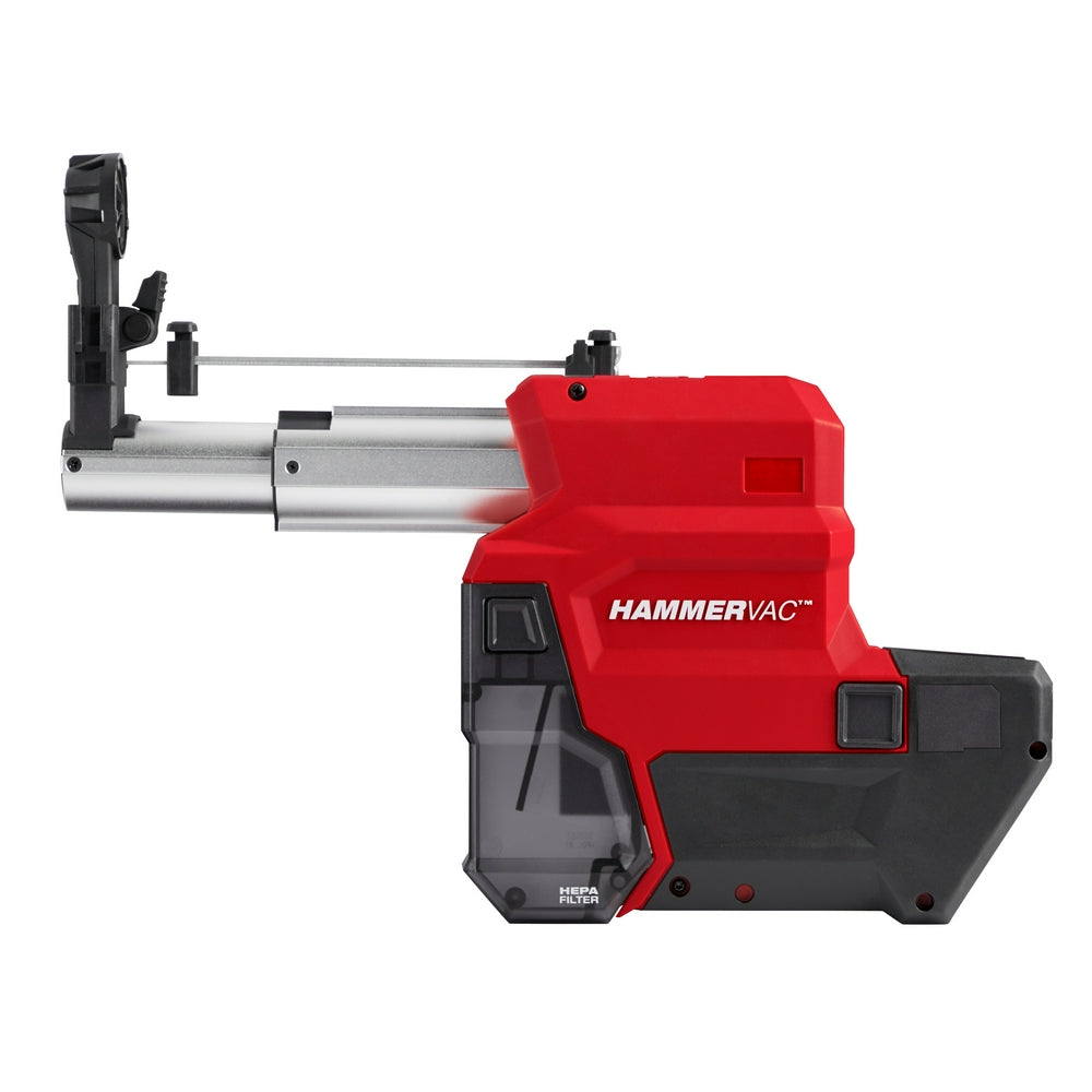 Red and black Milwaukee HAMMERVAC dust extractor with silver metal arm and black dust collection chamber.