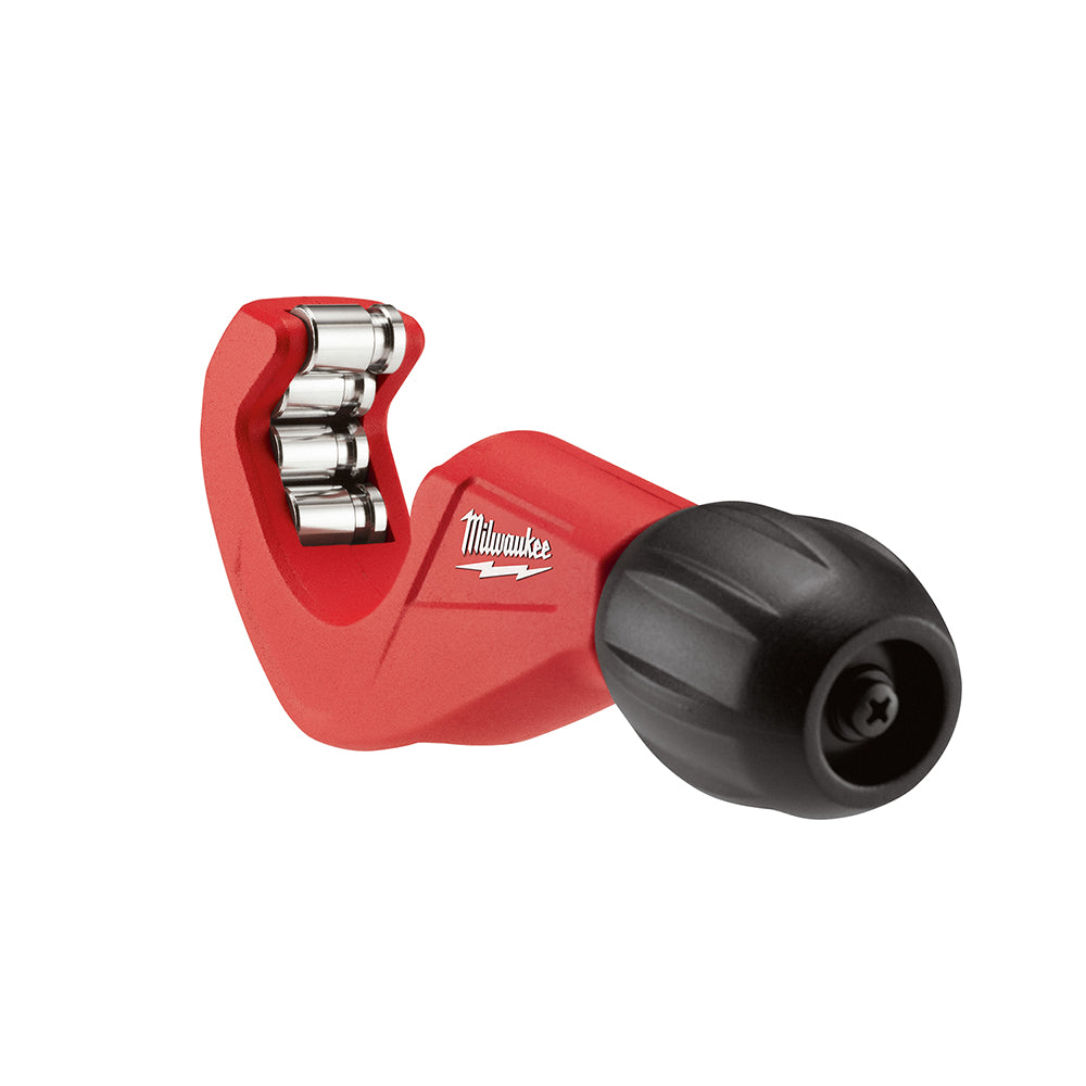 Red and black Milwaukee copper tubing cutter with cutting wheel and adjustment knobs.