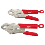 Two Milwaukee curved jaw locking pliers with red grip handles, one smaller 7-inch and one larger 10-inch model, displayed sid