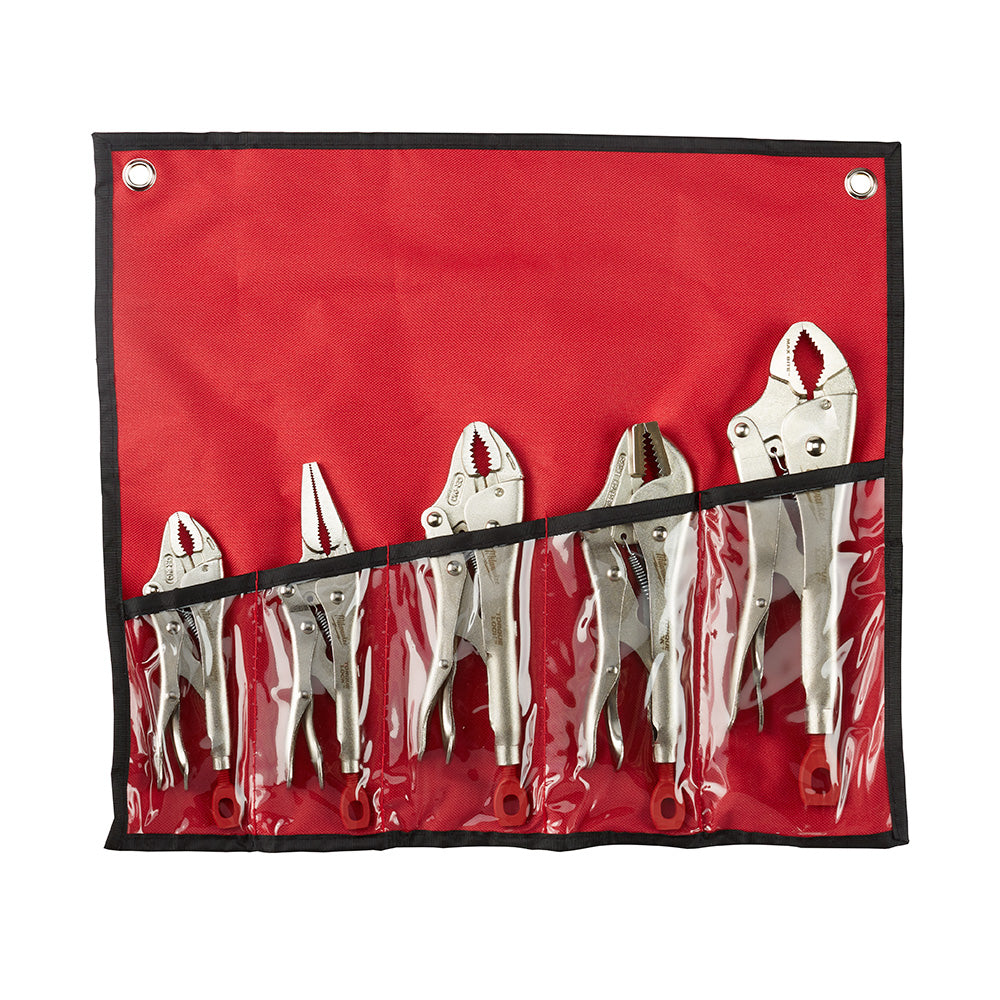 Five locking pliers with metal jaws and red handles displayed in a red fabric storage pouch with black trim.