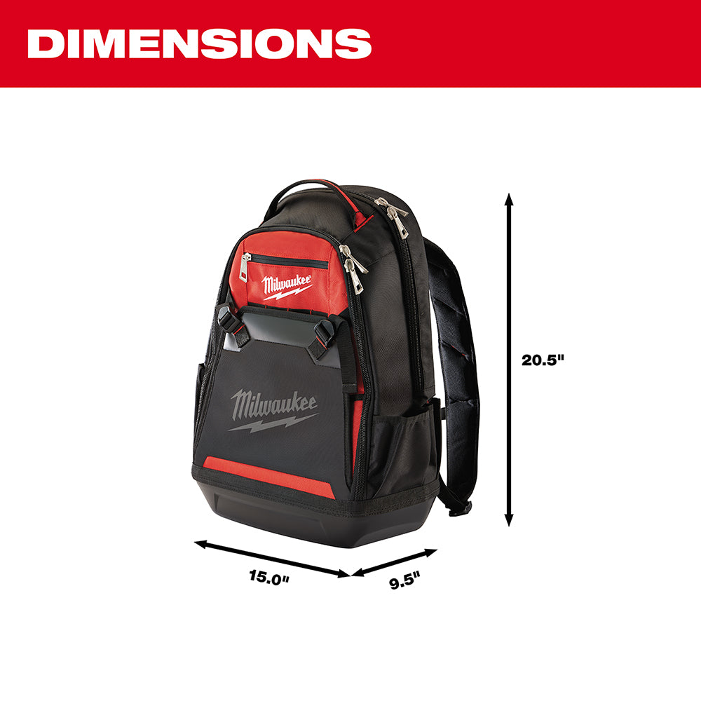 Black and red Milwaukee jobsite backpack with front pocket and padded shoulder straps, 20.5" height x 15" width x 9.5" depth.