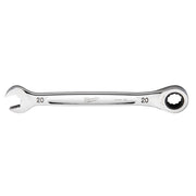 Silver 20MM ratcheting combination wrench with open end on left and ratchet socket end on right.