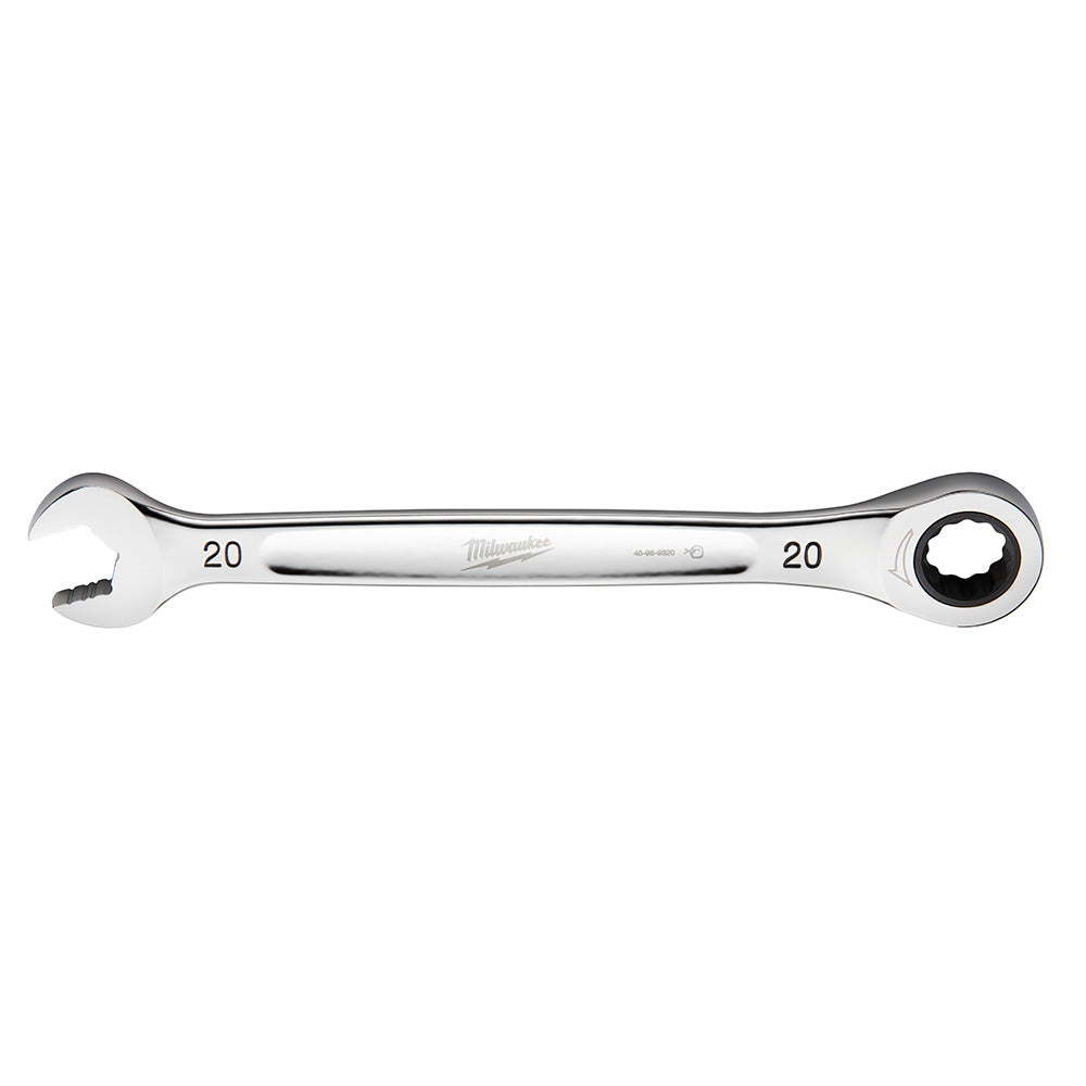 Silver 20MM ratcheting combination wrench with open end on left and ratchet socket end on right.