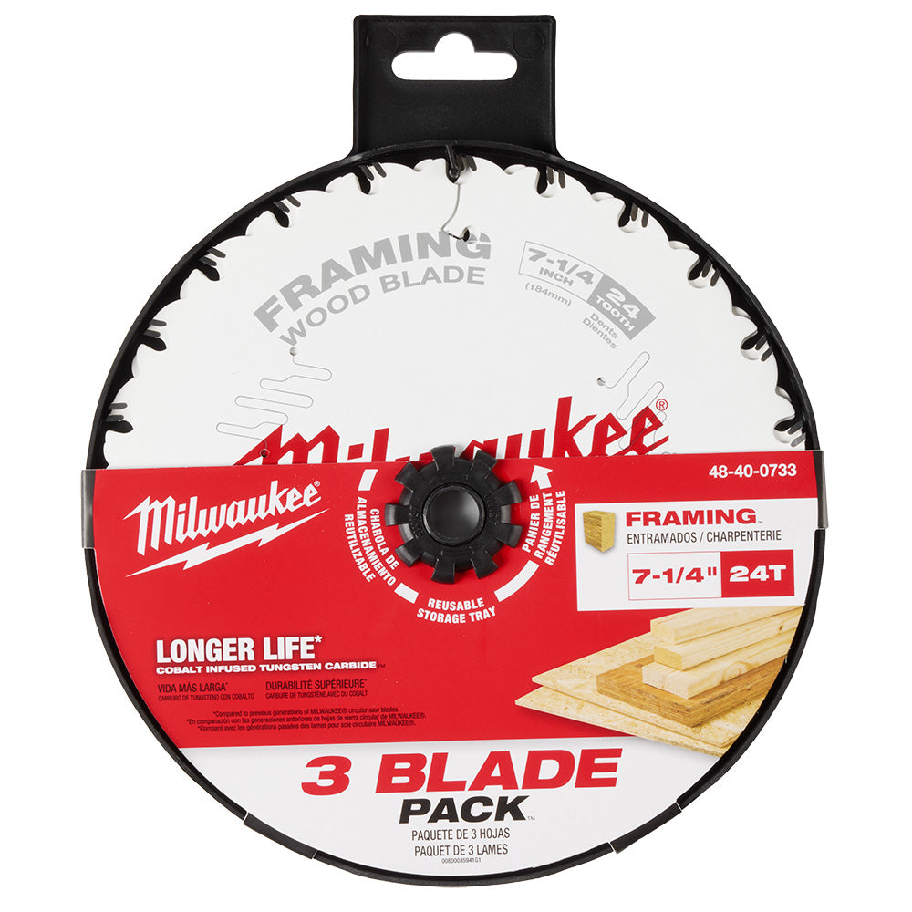 Three Milwaukee 7-1/4" 24-tooth framing circular saw blades with white cutting surface and black center hub in retail packagi