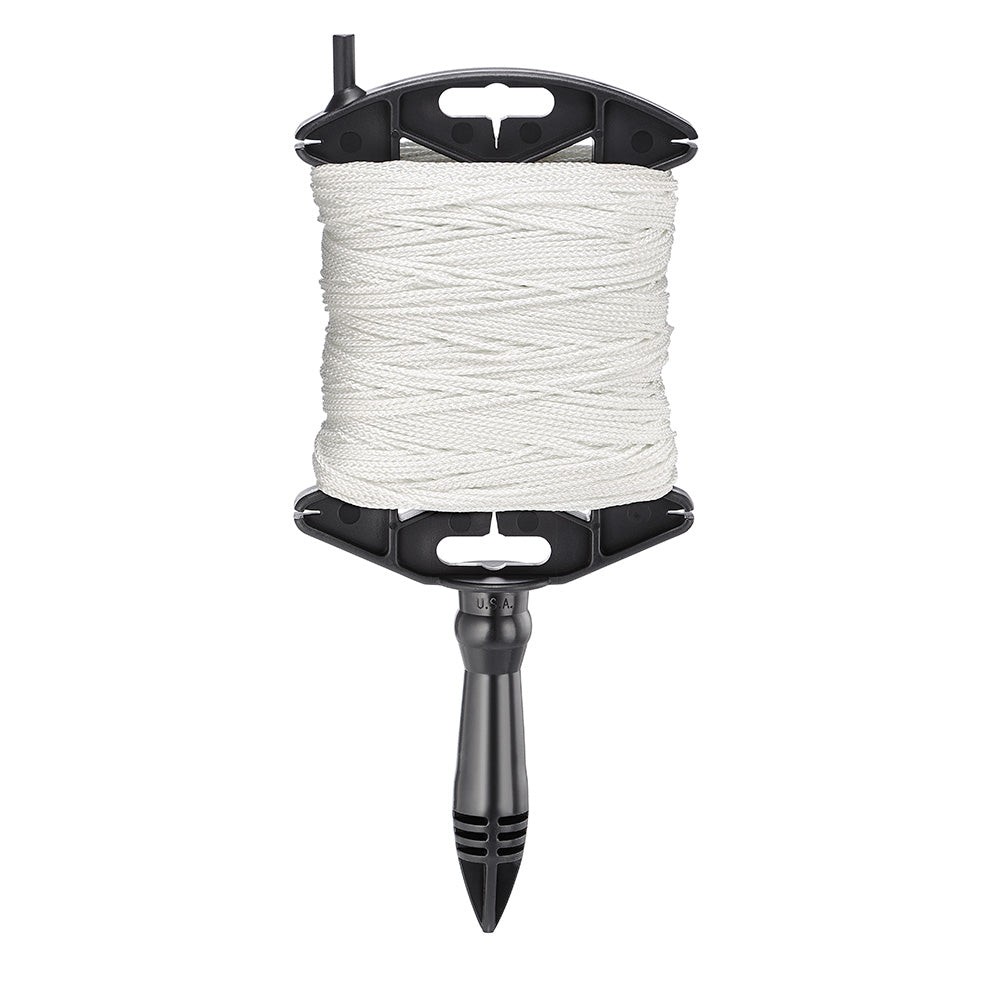 White braided line wound on black reel with handle and ground stake attachment.