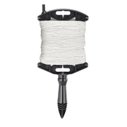 White braided line wound on black reel with handle and ground stake attachment.