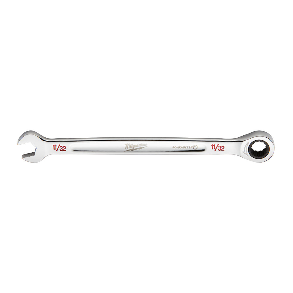 Silver ratcheting combination wrench with open end on left and ratchet socket end on right, marked 11/32 on both ends.