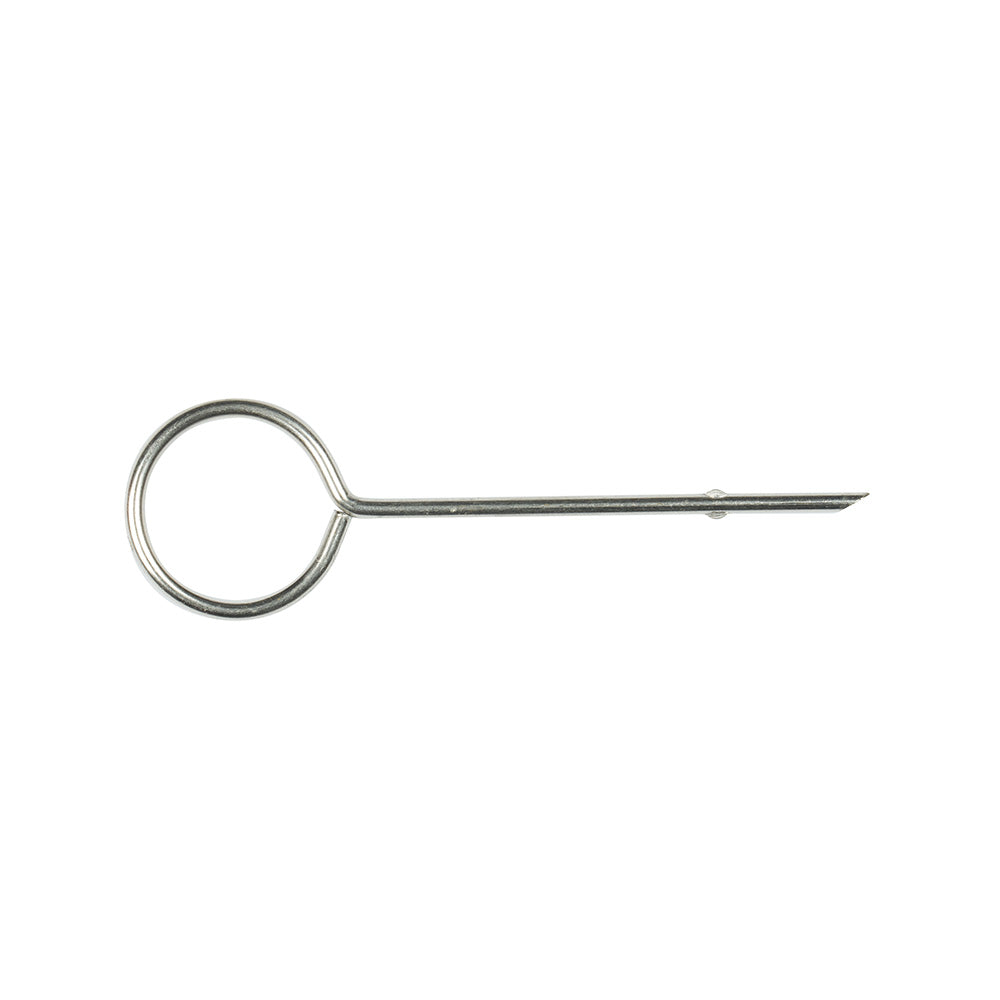 Metal pin key with circular loop on one end and straight shaft on the other.