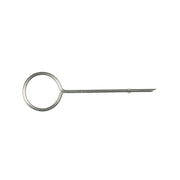 Metal pin key with circular loop on one end and straight shaft on the other.