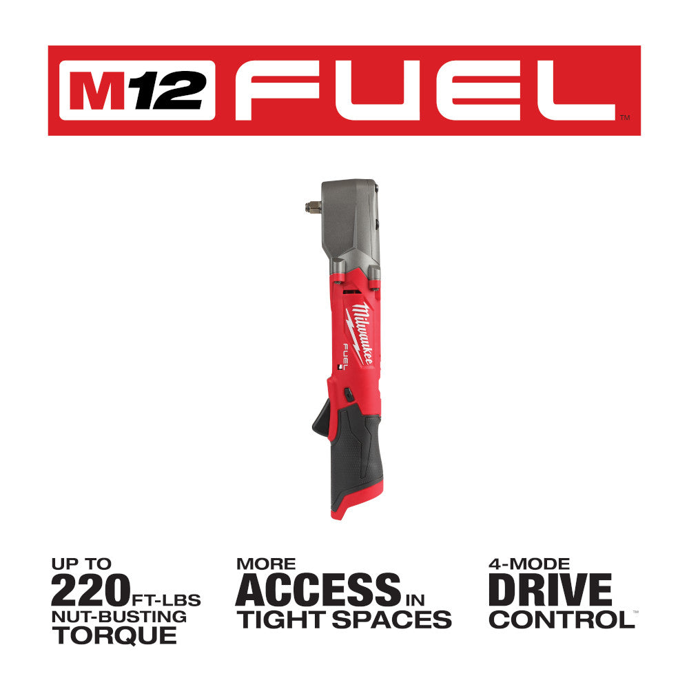 Red and black Milwaukee M12 FUEL cordless right angle impact wrench with compact vertical head design.
