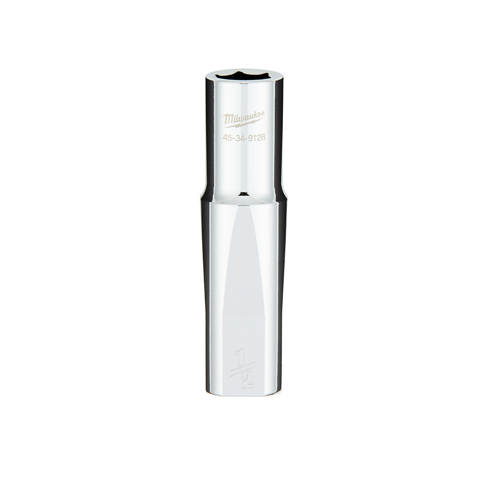 Milwaukee 1/2 inch drive deep socket with 6-point opening and four flat sides on polished metal body.
