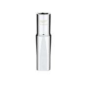 Milwaukee 1/2 inch drive deep socket with 6-point opening and four flat sides on polished metal body.