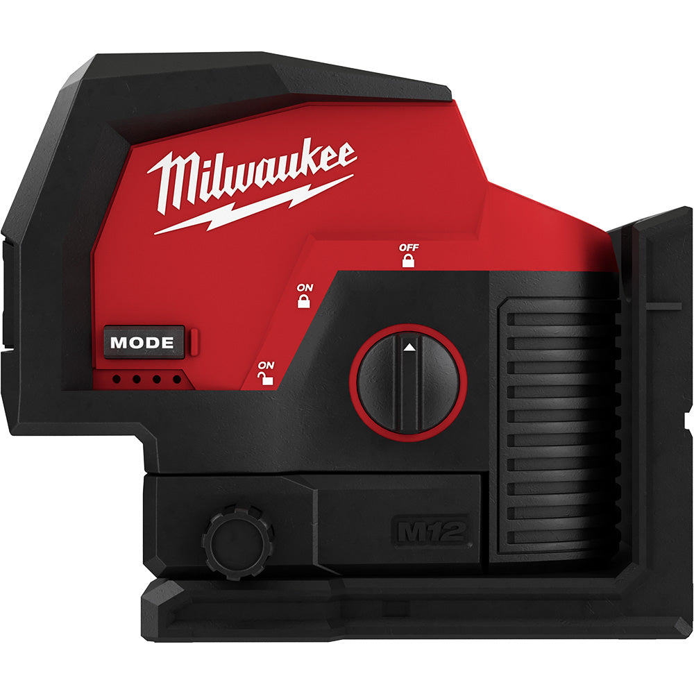 Milwaukee M12 green cross line laser with red and black housing, mode button, on/off switch, and rotary dial control.