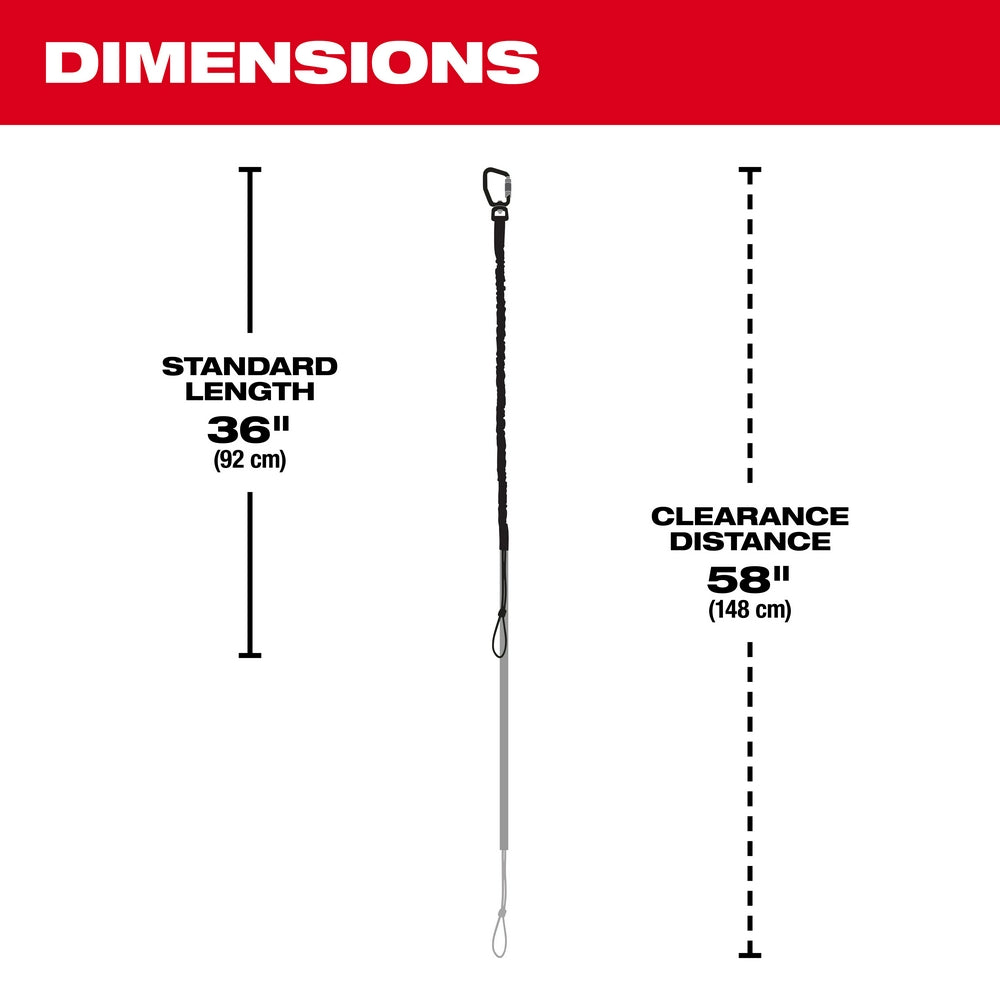 Diagram showing tool lanyard dimensions with 36-inch standard length and 58-inch clearance distance measurements.