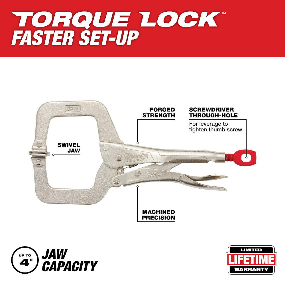 Milwaukee 11-inch locking C-clamp with swivel jaw, forged steel body, red handle, and machined precision jaws.