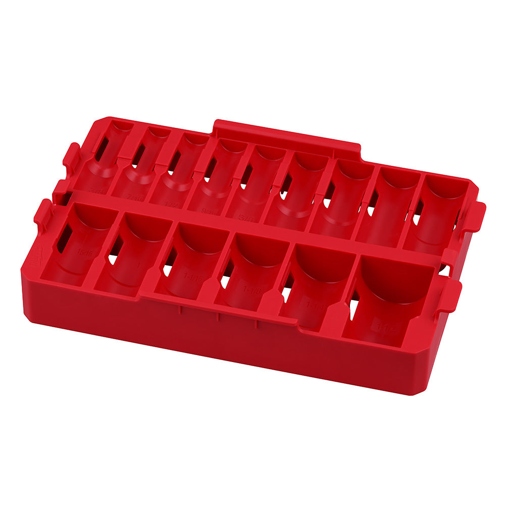 Red plastic storage tray with 15 compartments for 1/2 inch drive sockets.