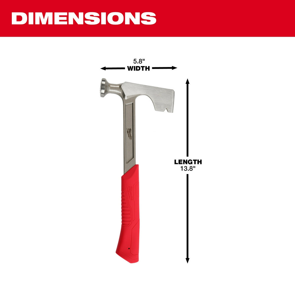 Drywall hammer with 5.8" wide flat head, 13.8" total length, and red grip handle.