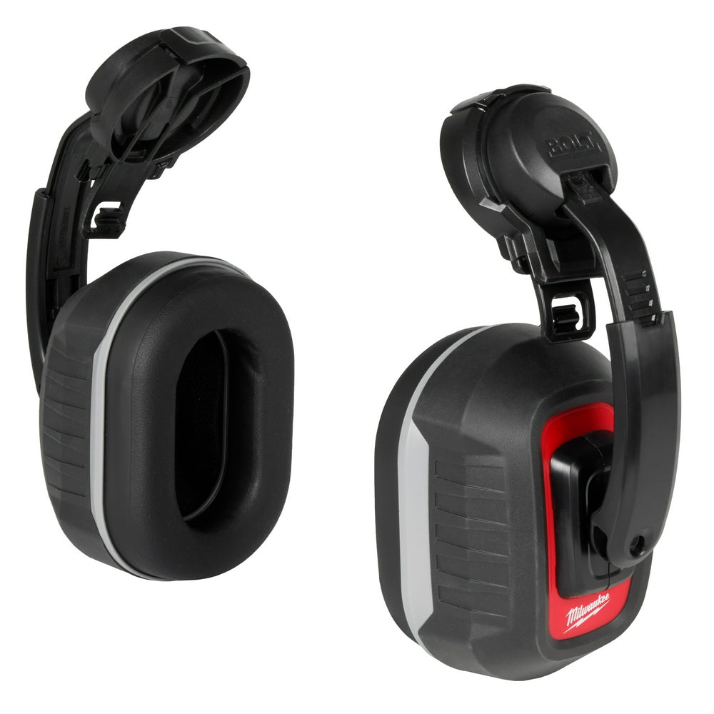 Black and red earmuffs with gray accents, shown from front and side angles with padded ear cups and adjustable headband.