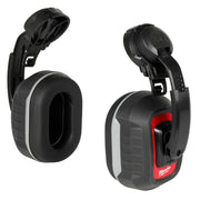 Black and red earmuffs with gray accents, shown from front and side angles with padded ear cups and adjustable headband.