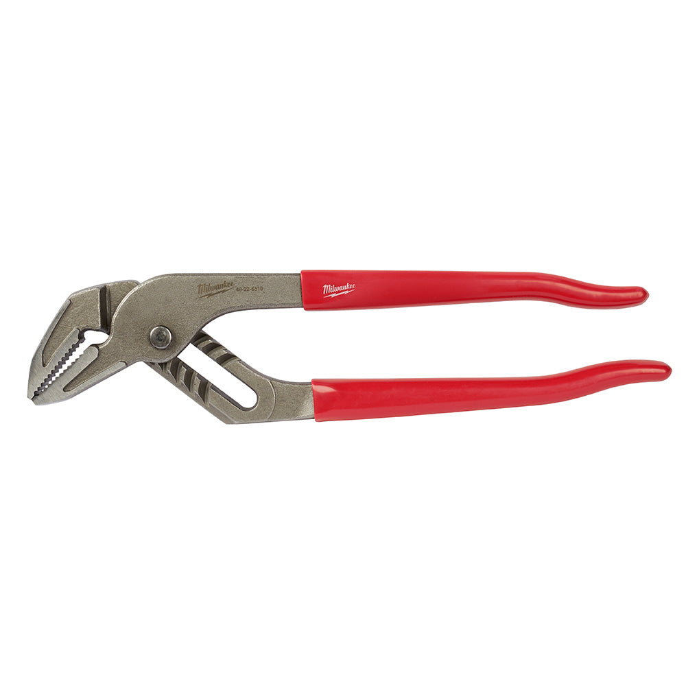 Milwaukee 10-inch pump plier with metal jaw and red grip handles.