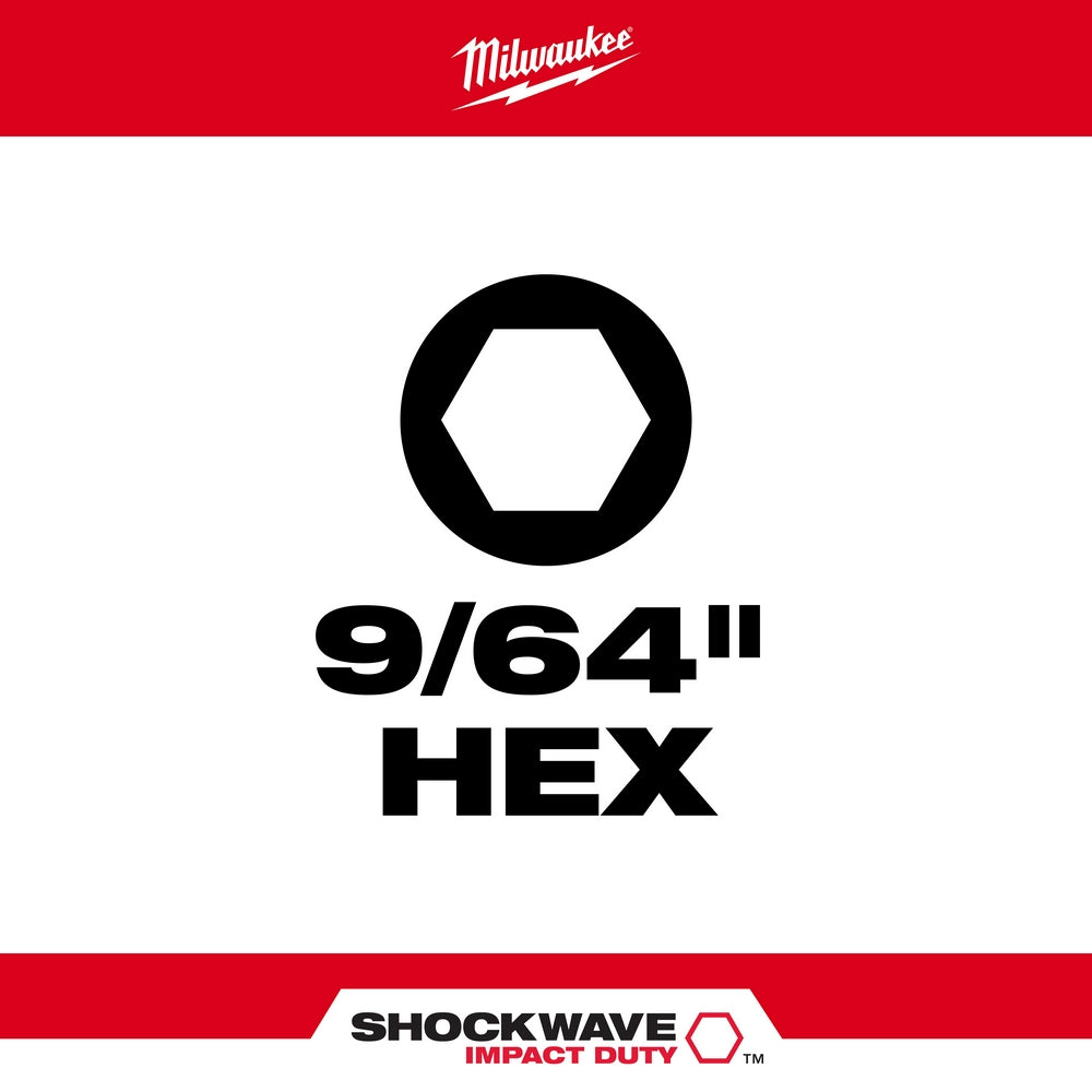 Milwaukee Shockwave Impact 9/64 in. hex insert bit with size designation and branding on red background.