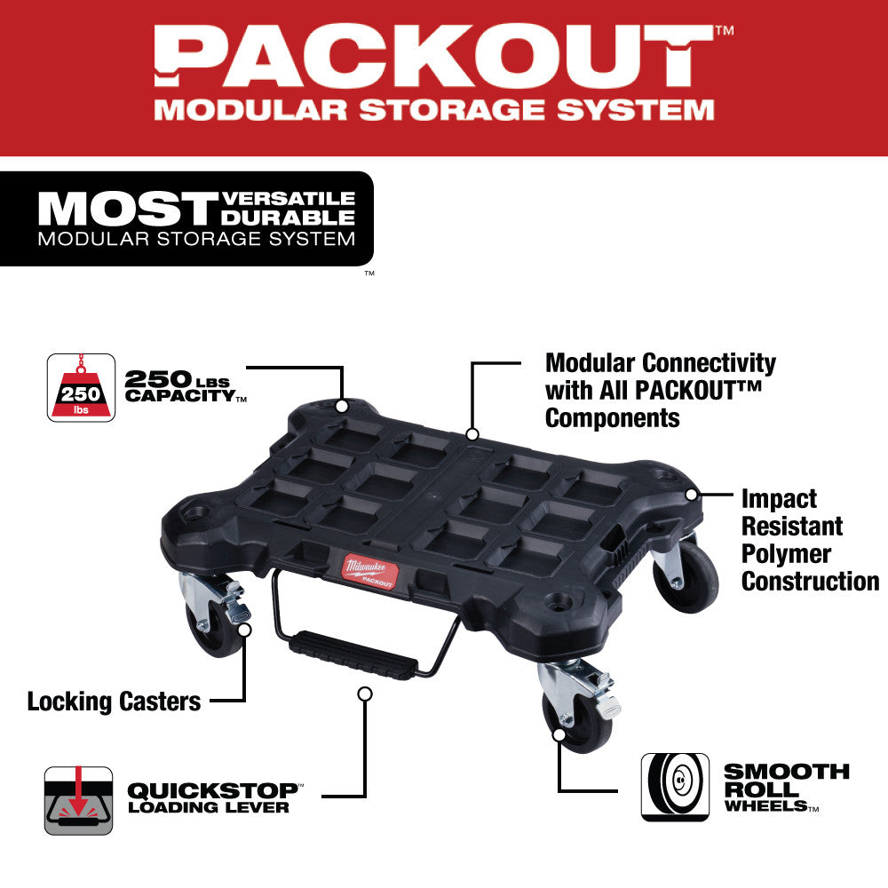 Black PACKOUT dolly with locking casters, smooth roll wheels, and grip handle for connecting modular storage components.