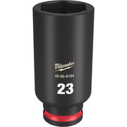 Black Milwaukee deep socket with hexagonal opening, marked 23MM, 3/8" drive with red grip band at base.