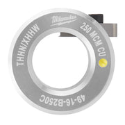 Round gray metal bushing with "250 MCM CU" and "THHN/XHHW" text, yellow indicator dot, and two metal tabs.