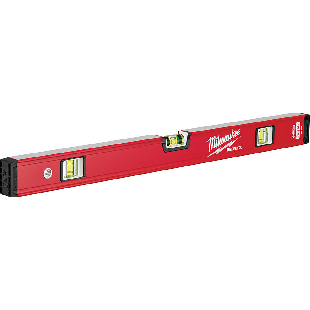 Red Milwaukee REDSTICK box level with three yellow bubble vials and black end caps.