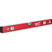 Red Milwaukee REDSTICK box level with three yellow bubble vials and black end caps.