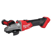 Milwaukee M18 FUEL angle grinder with red and black housing, gray flathead guard, and slide switch lock-on trigger.