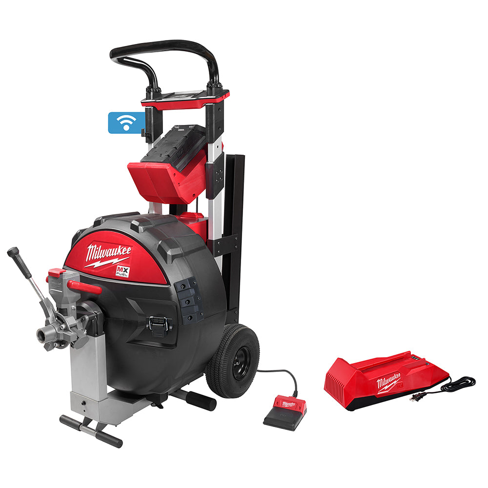 Milwaukee MX FUEL sewer drum machine with black and red housing, arched handle, control lever on side, wheeled base, battery 