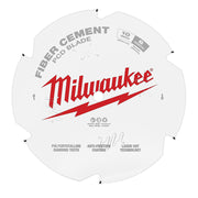 White circular saw blade with Milwaukee branding, labeled for fiber cement, featuring polycrystalline diamond teeth and laser