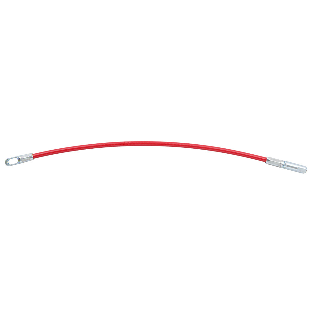 Red flexible metal fish tape with metal connectors on both ends.