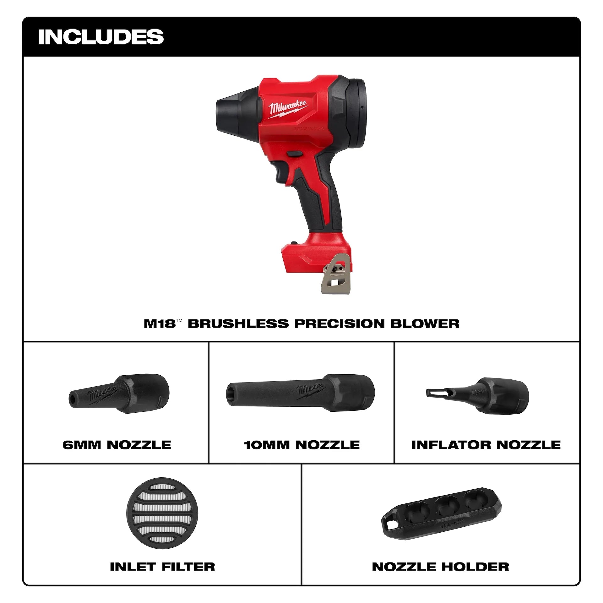 Red and black Milwaukee M18 brushless blower with three interchangeable nozzles, inlet filter, and nozzle holder.