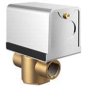 White and black automatic drain valve with brass solenoid body and threaded connection ports.