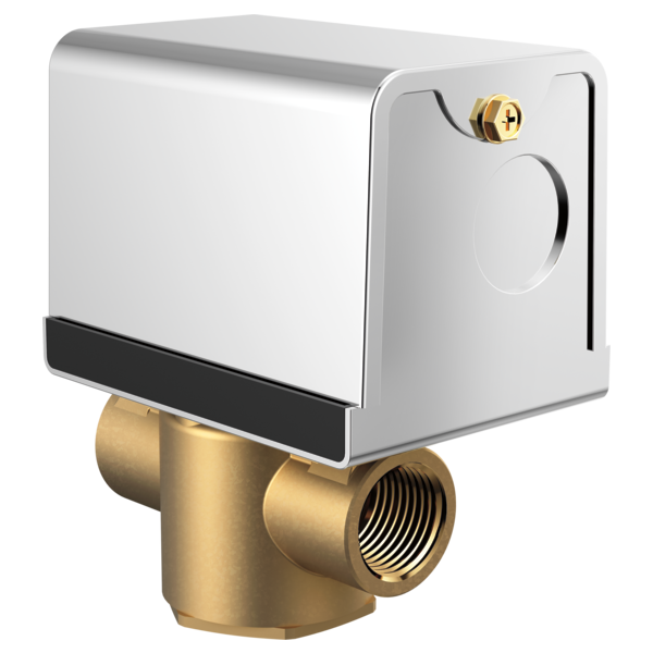White and black automatic drain valve with brass solenoid body and threaded connection ports.