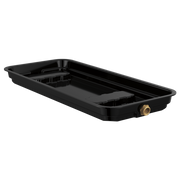 Black rectangular generator pan with internal compartments and brass drain valve on side.