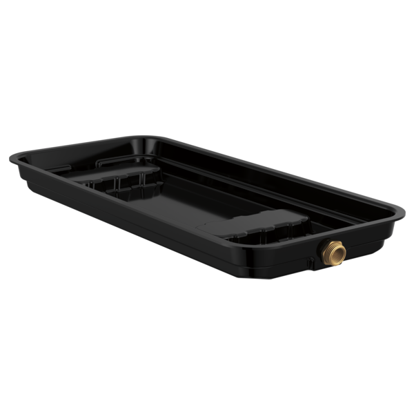 Black rectangular generator pan with internal compartments and brass drain valve on side.
