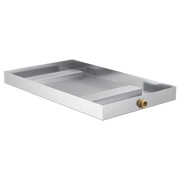 Rectangular stainless steel generator pan with white exterior, internal dividers, and brass outlet valve on right side.