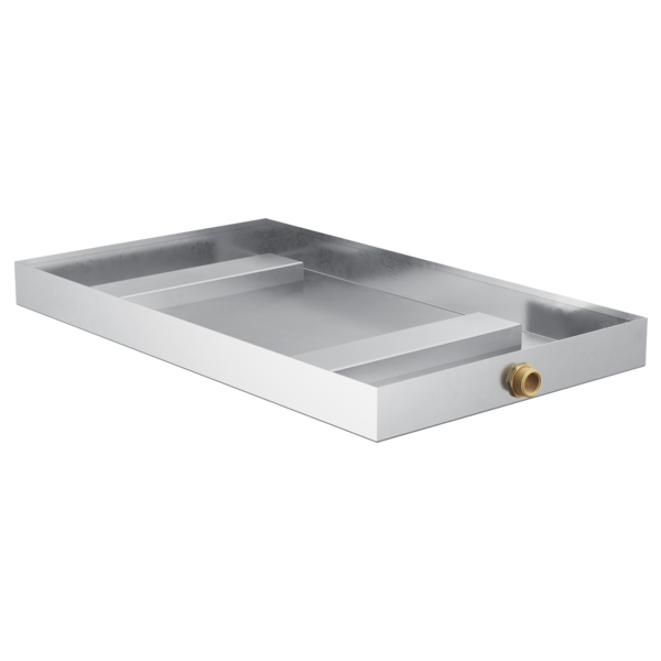 Rectangular stainless steel generator pan with white exterior, internal dividers, and brass outlet valve on right side.