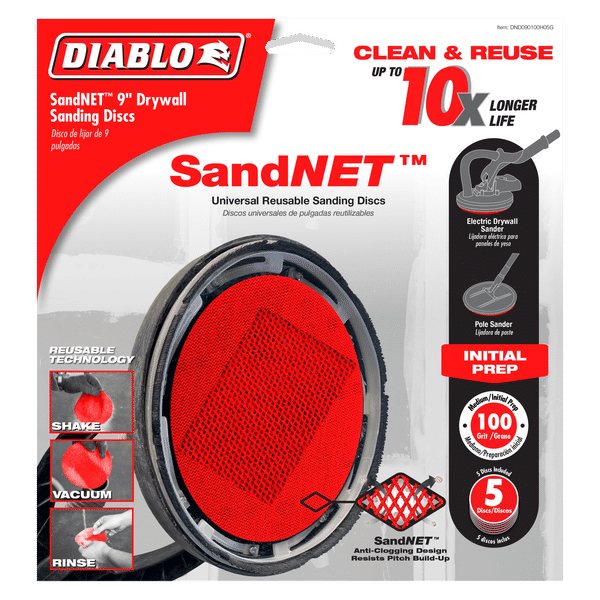 Diablo SandNET 9-inch red mesh drywall sanding disc with gray backing pad and product packaging showing reusable technology f